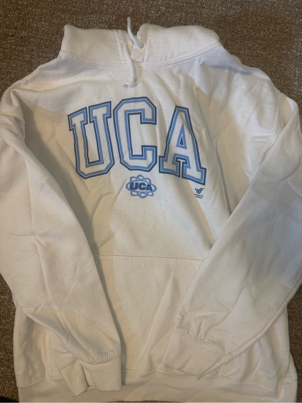 Gildan White Crewneck Sweatshirt with Light Blue UCA Lettering